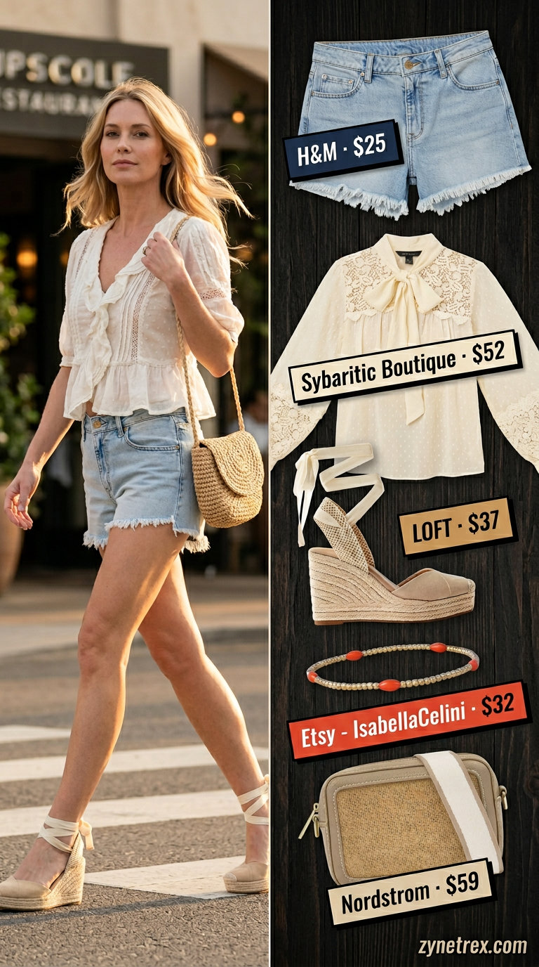 Casual Chic Summer Date Outfits 2026 Light wash denim shorts with ivory embroidered blouse for casual summer date night outfits for women 2026.