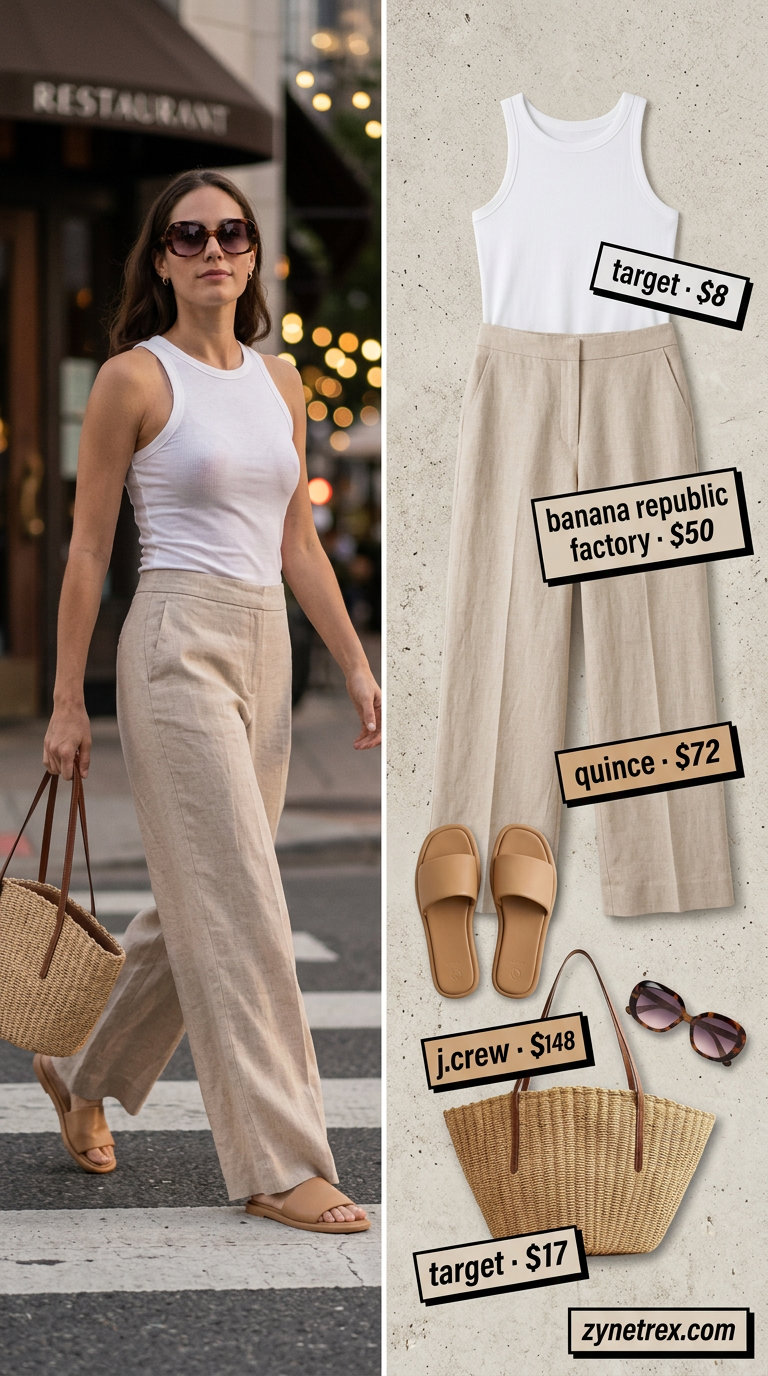 Effortless Summer Date Outfits 2026 Beige linen pants with white ribbed tank & slide sandals for casual summer date night outfits for women 2026.