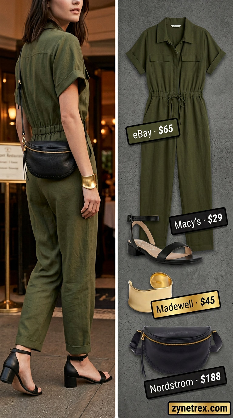 Cool Summer Date Night Outfits 2026 Olive green utility jumpsuit with block heels for casual summer date night outfits for women 2026.