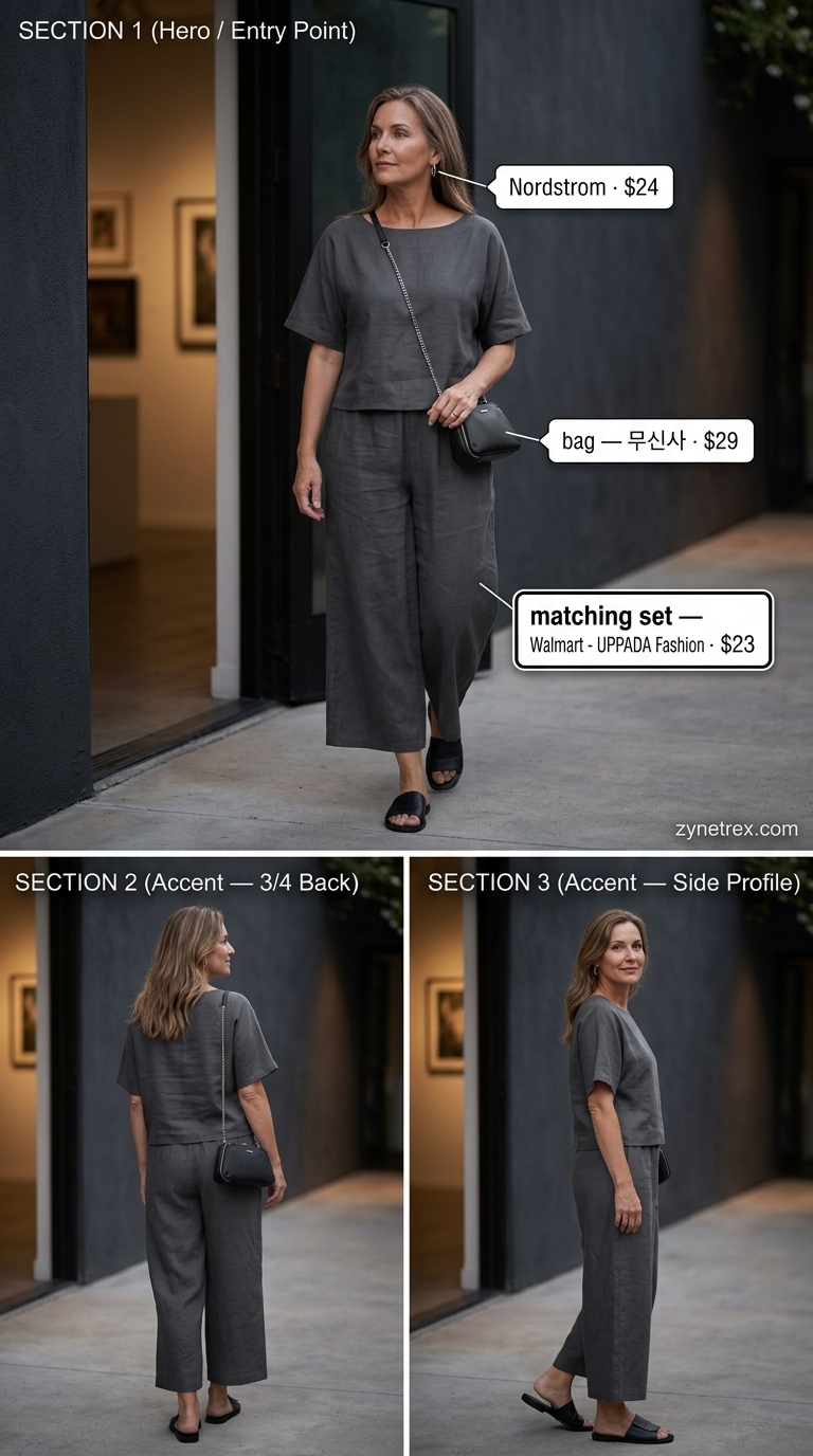 Casual summer outfit for women over 50 2026: Charcoal linen set, black sandals, shoulder bag for evening.