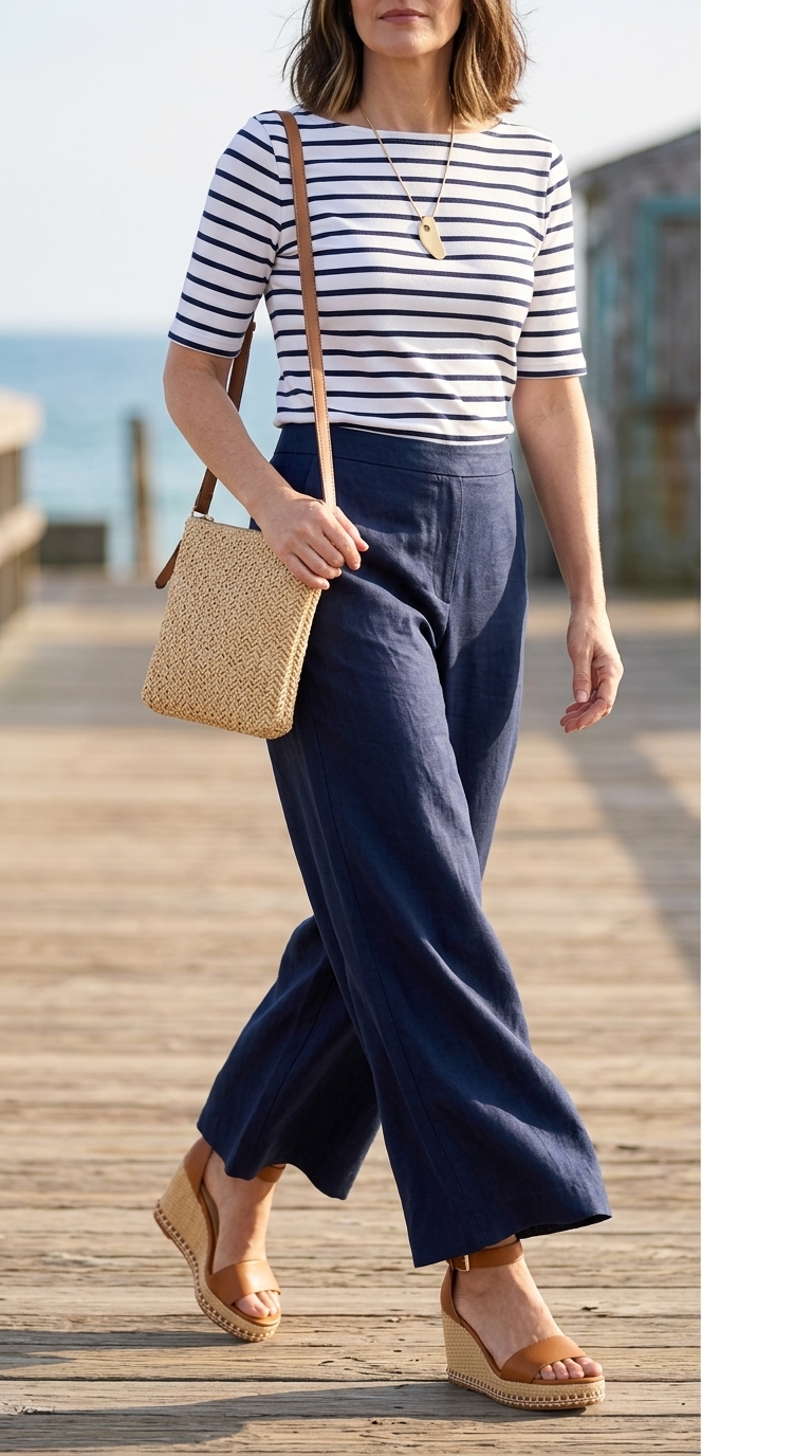 Casual summer outfit for women over 50 2026: Navy linen pants, striped top, espadrilles for coastal lunch.