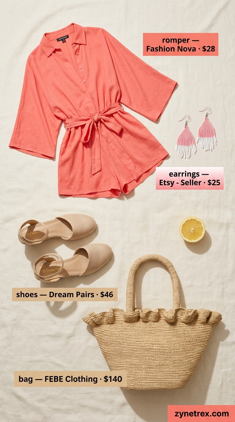 Casual summer outfit for women over 50 2026: Coral romper, raffia bag, espadrilles for summer festival.