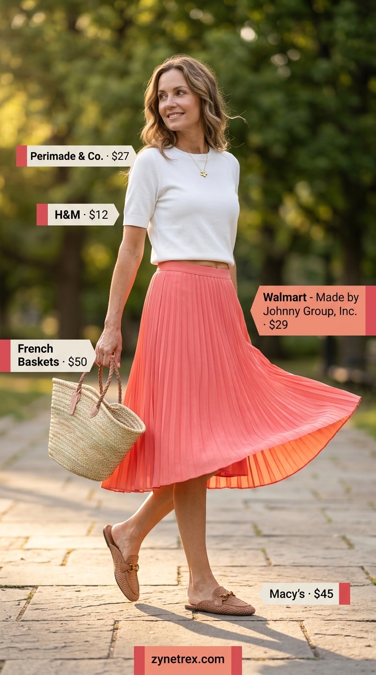 Casual summer outfit for women over 50 2026: Coral pink skirt, white knit top, straw bag for farmers market.