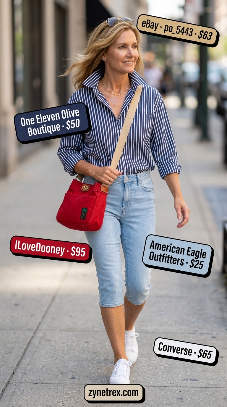 Casual summer outfit for women over 50 2026: Denim jeans, striped shirt, red bag for city errands.