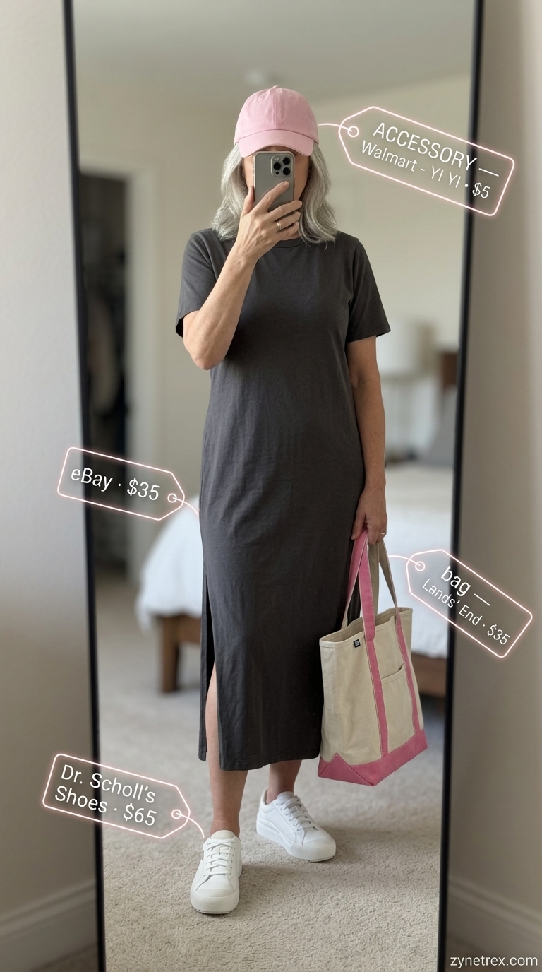 Casual summer outfit for women over 50 2026: Charcoal maxi dress, baseball cap, white sneakers for easy comfort.
