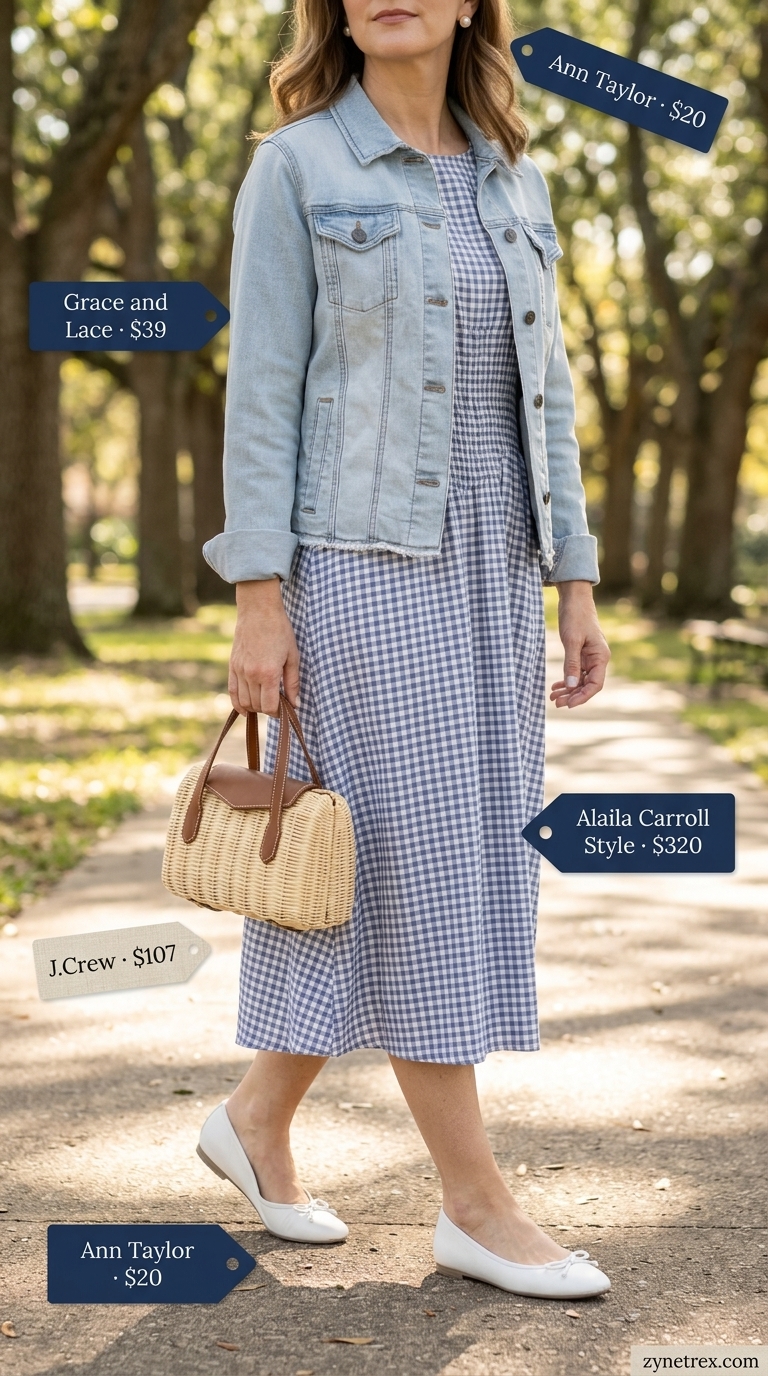Casual summer outfit for women over 50 2026: Blue gingham dress, denim jacket, and wicker bag for a picnic.