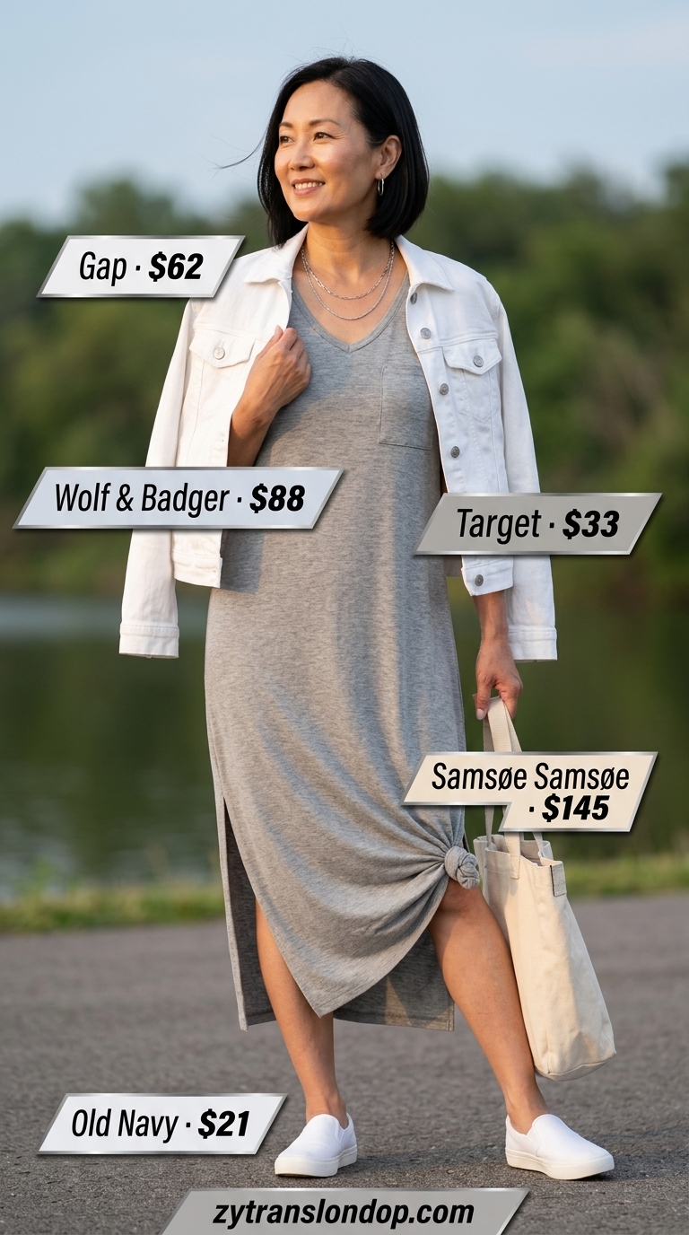 Casual summer outfit for women over 50 2026: Grey maxi dress, white denim jacket, canvas tote for lakeside.
