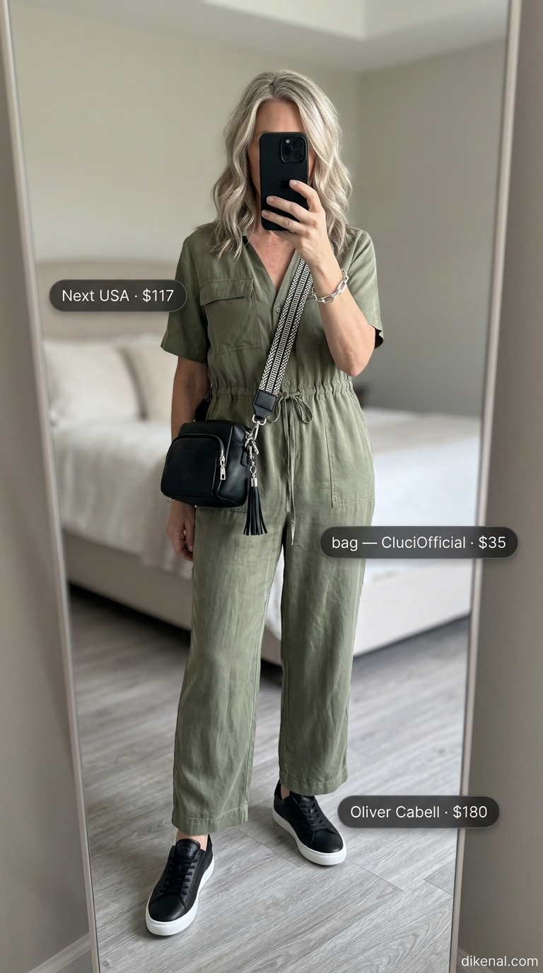 Casual summer outfit for women over 50 2026: Khaki utility jumpsuit, black sneakers, silver jewelry for city exploration.
