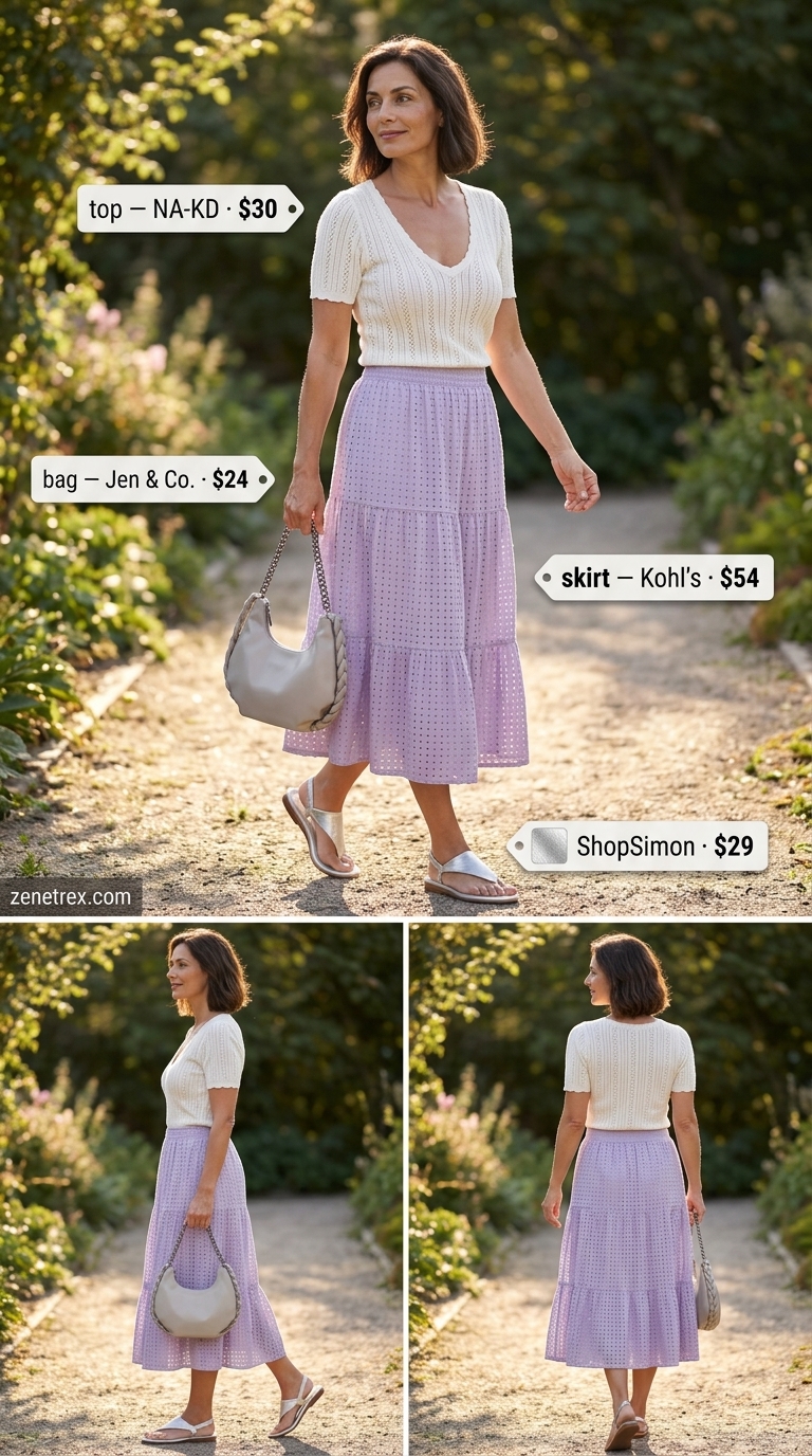 Casual summer outfit for women over 50 2026: Lavender tiered skirt, knit top, silver sandals for picnic.