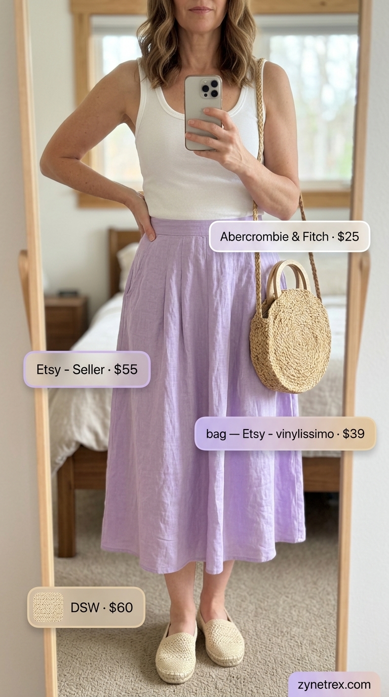 Casual summer outfit for women over 50 2026: Lavender midi skirt, white tank, espadrilles for garden cafe.