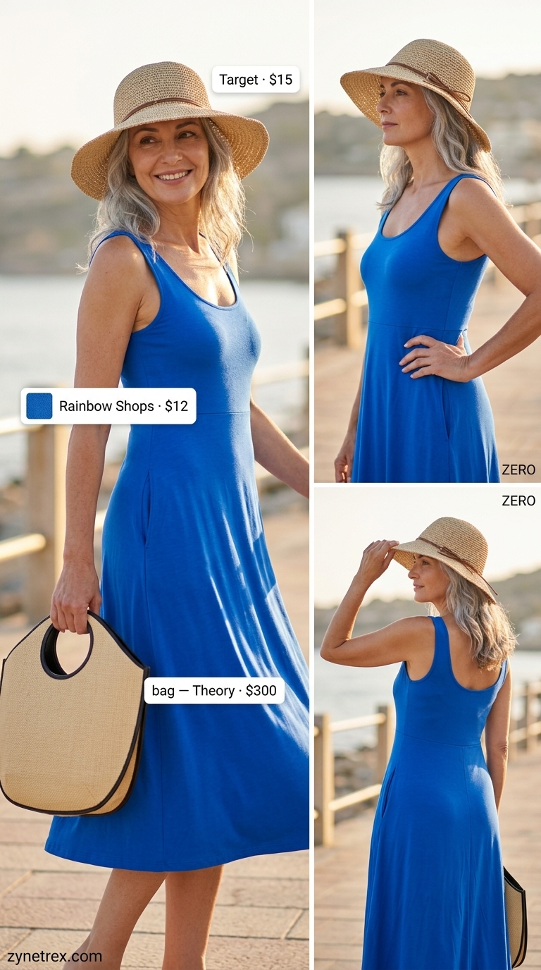 Casual summer outfit for women over 50 2026: Cobalt blue midi dress, espadrilles, straw hat for beach resort lunch.
