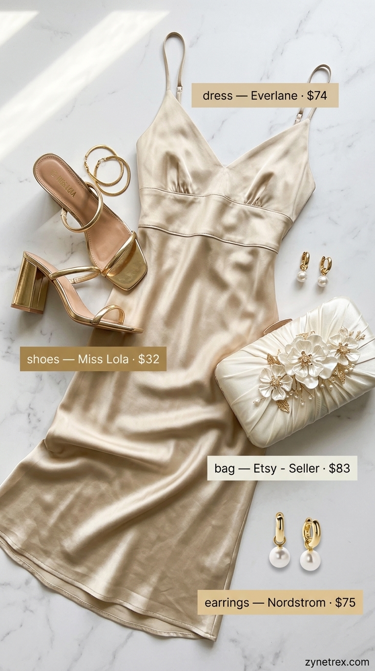 Elevated casual summer outfit for women over 50 2026: Champagne slip dress, heeled mules for dinner.