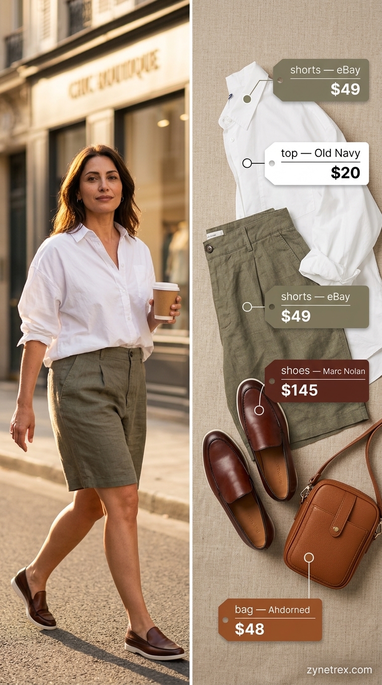 Casual summer outfit for women over 50 2026: Olive Bermuda shorts, white shirt, loafers for park walks.