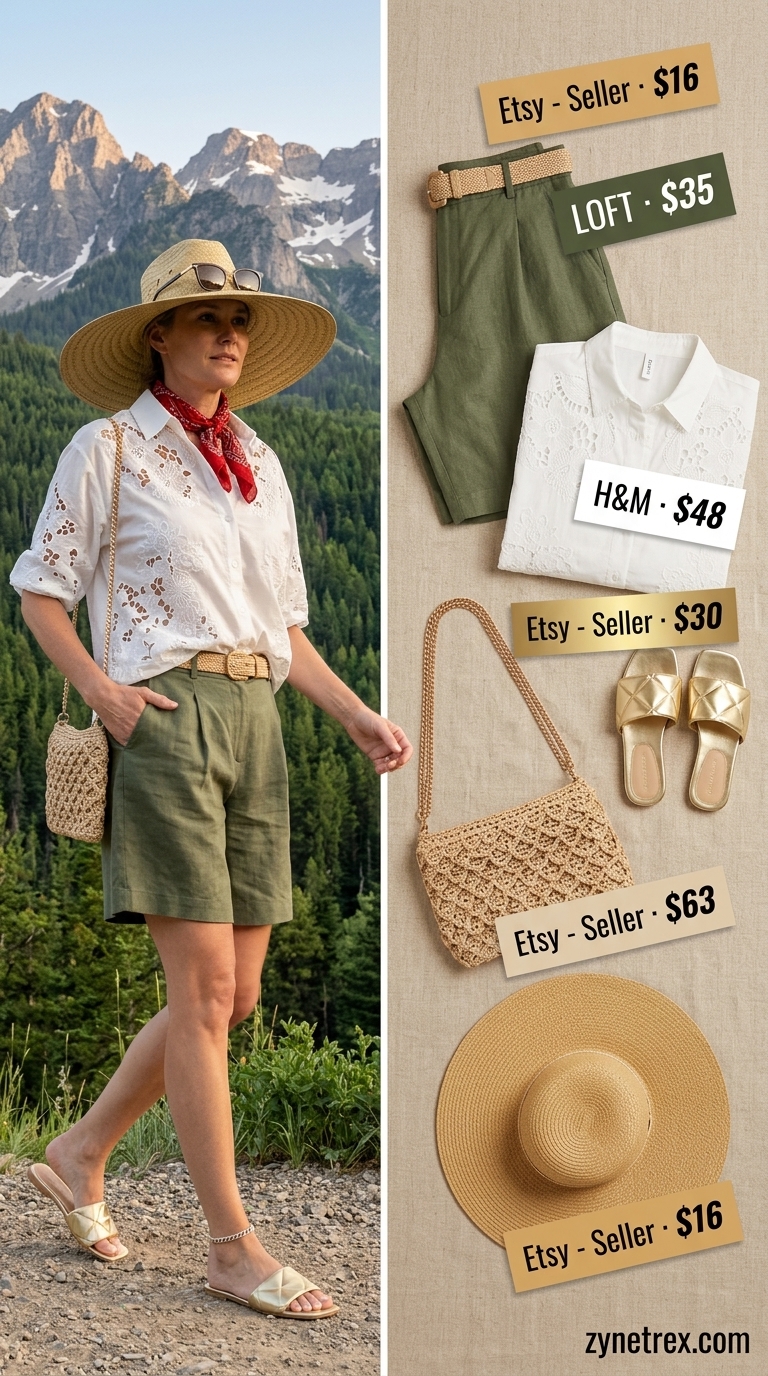 Casual summer outfit for women over 50 2026: Olive linen shorts, cream blouse, straw hat for vacation sightseeing.
