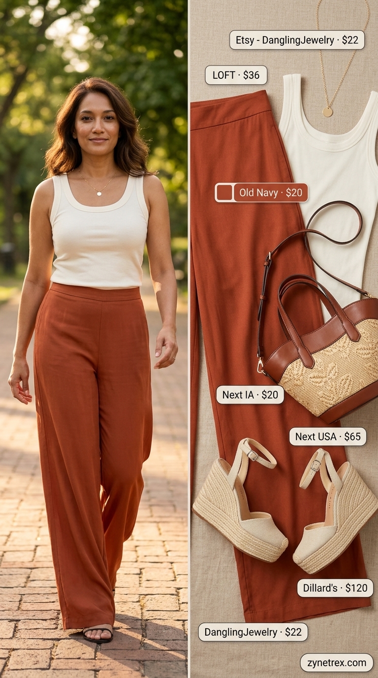 Casual summer outfit for women over 50 2026: Terracotta linen pants, cream tank, straw bag for desert chic.