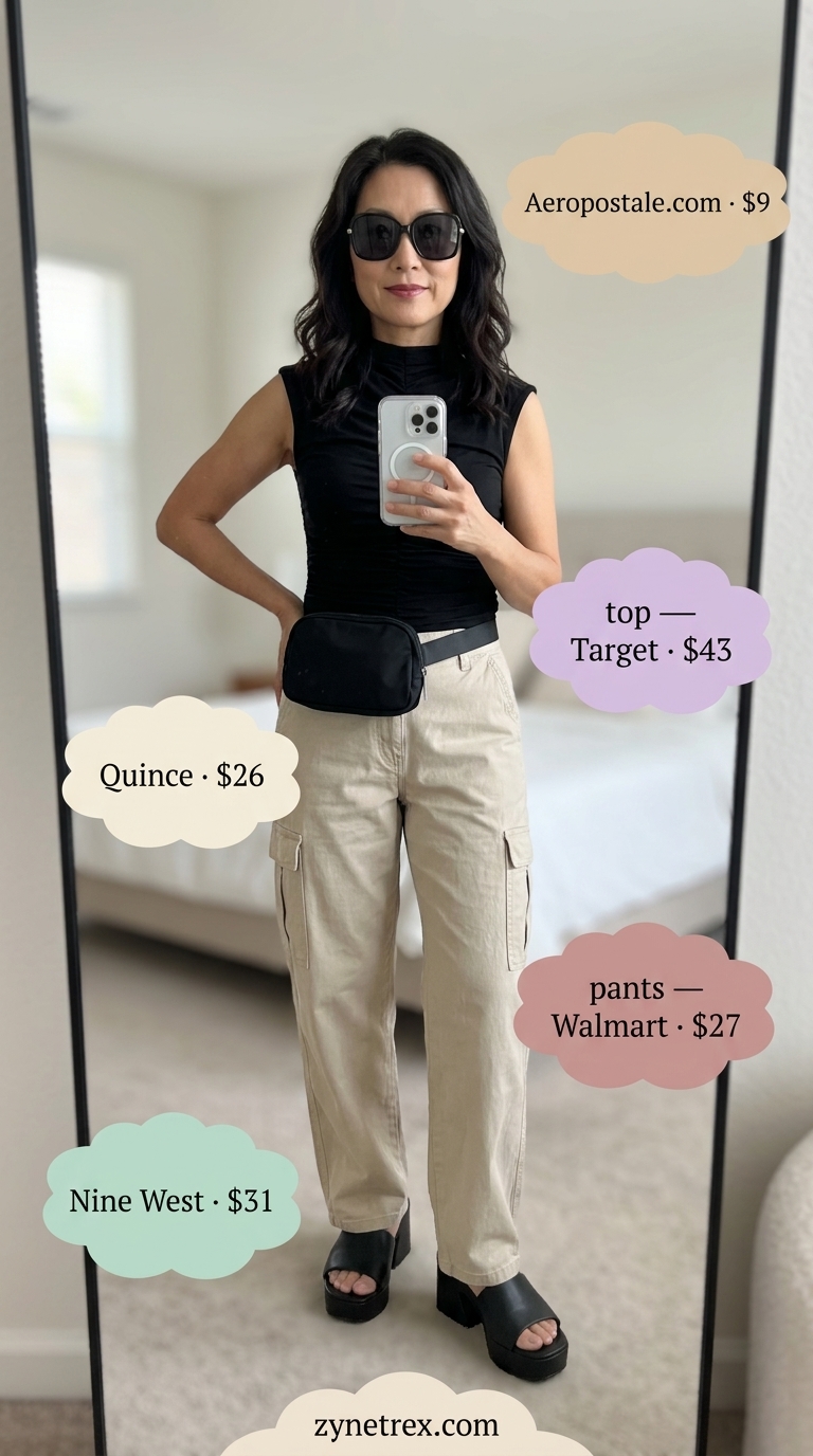 Casual summer outfit for women over 50 2026: Stone beige cargo pants, black mock neck top for urban adventures.