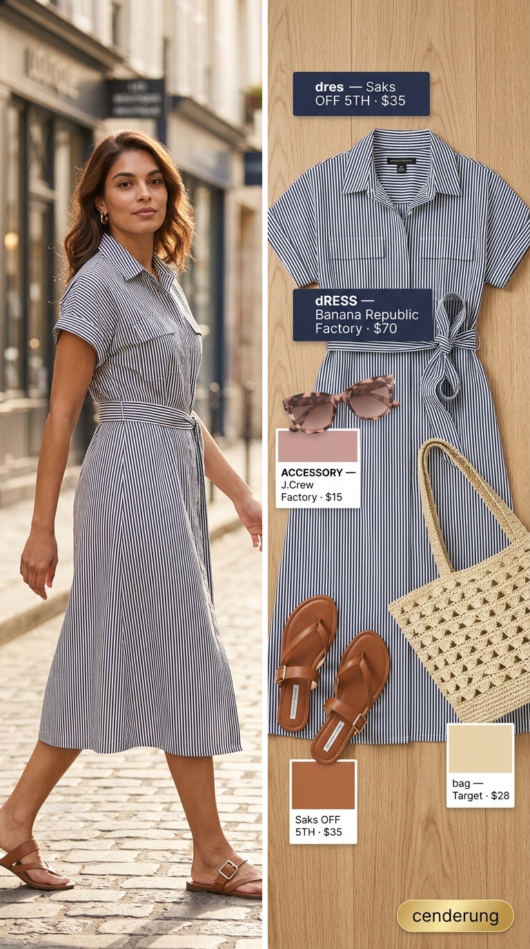 Casual summer outfit for women over 50 2026: Navy stripe maxi dress, tan slides, woven tote for brunch.