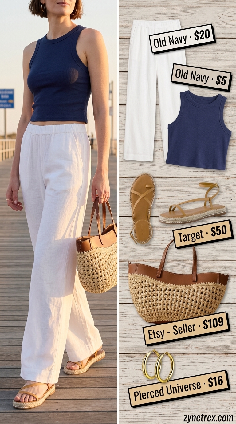 Casual summer outfit for women over 50 2026: White linen pants, navy tank, espadrilles for casual lunch.