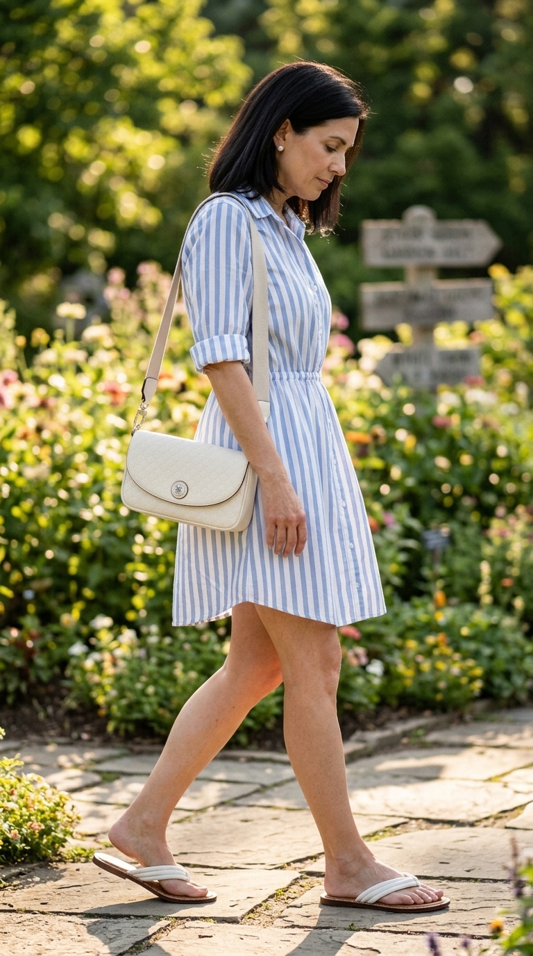 Casual summer outfit for women over 50 2026: Blue stripe midi dress, white sandals, silver earrings for brunch.