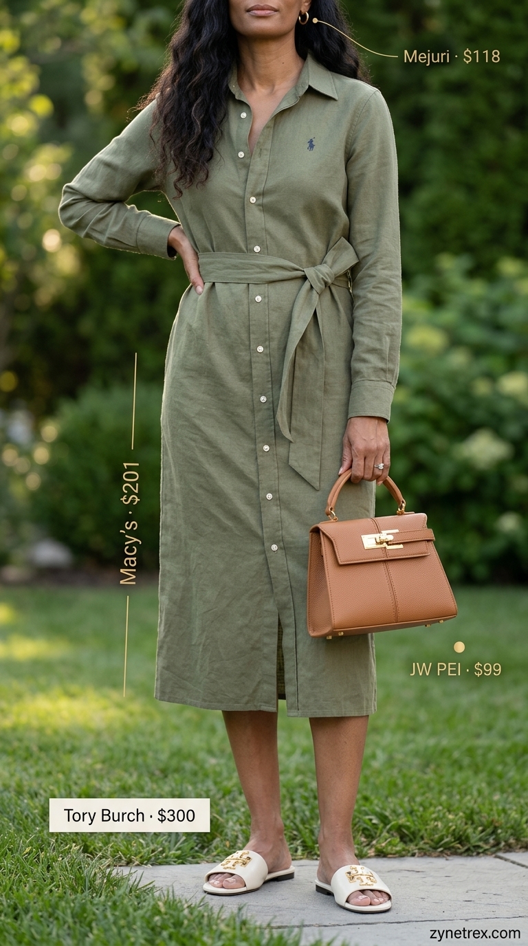 Casual summer outfit for women over 50 2026: Olive green midi shirt dress, cream slides, straw hat for museum visit.