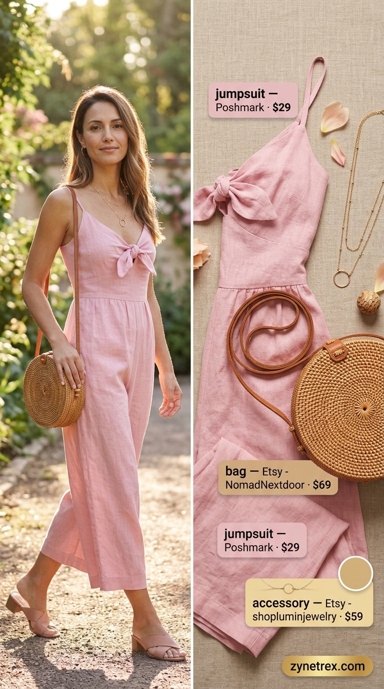 Casual summer outfit for women over 50 2026: Dusty rose jumpsuit, rattan bag, gold necklaces for getaway.