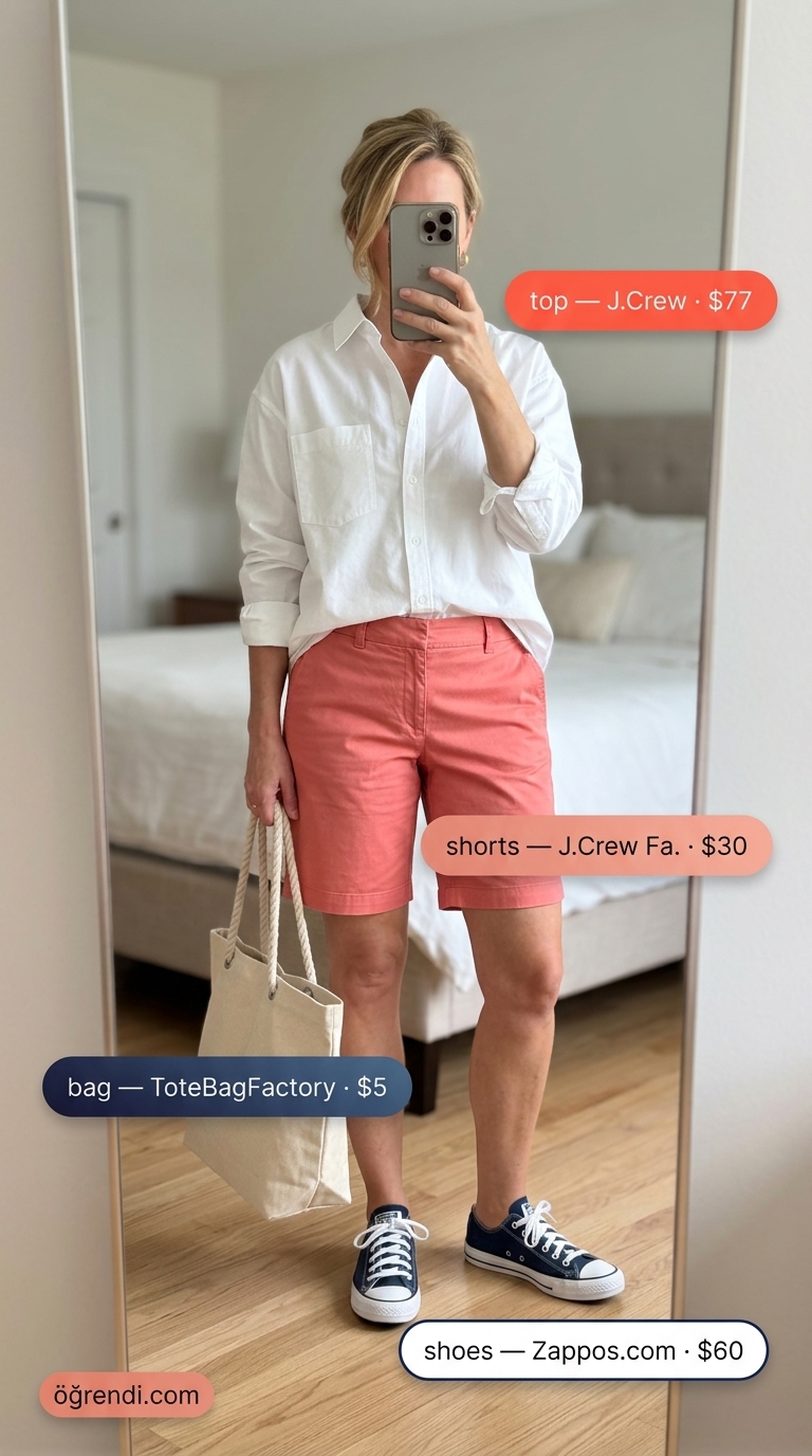 Casual summer outfit for women over 50 2026: Coral Bermuda shorts, white button-down, navy sneakers for market.