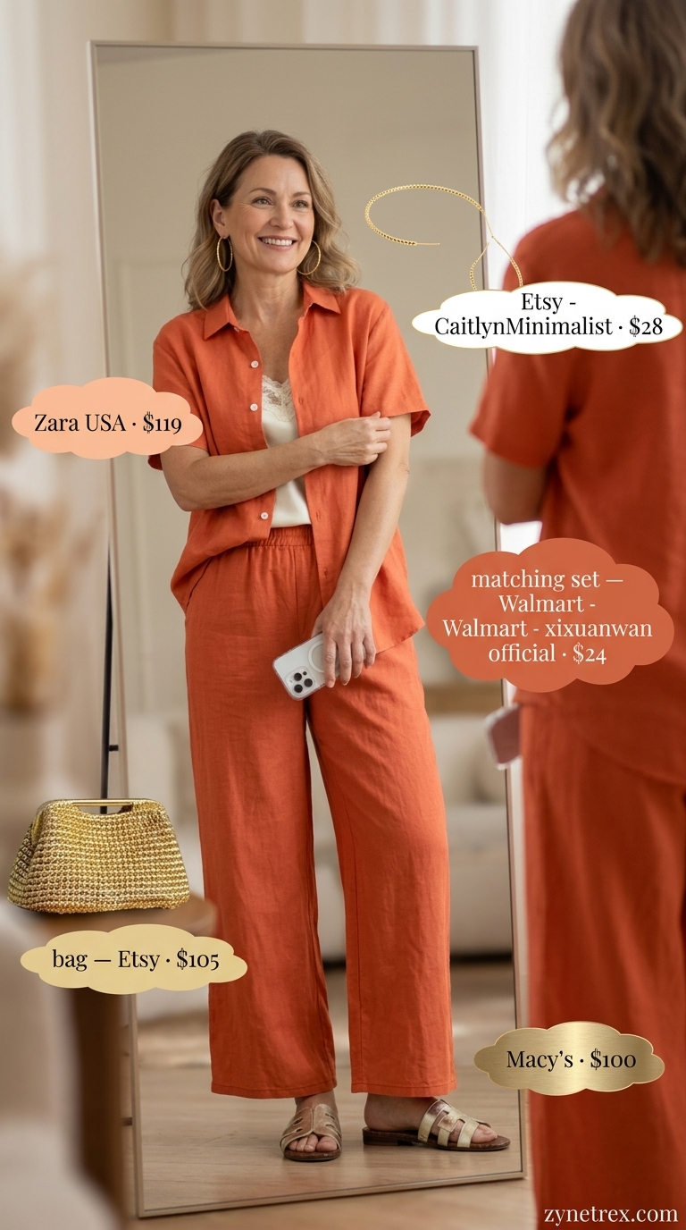 Casual summer outfit for women over 50 2026: Terracotta matching set, cream cami, gold earrings for resort lunch.