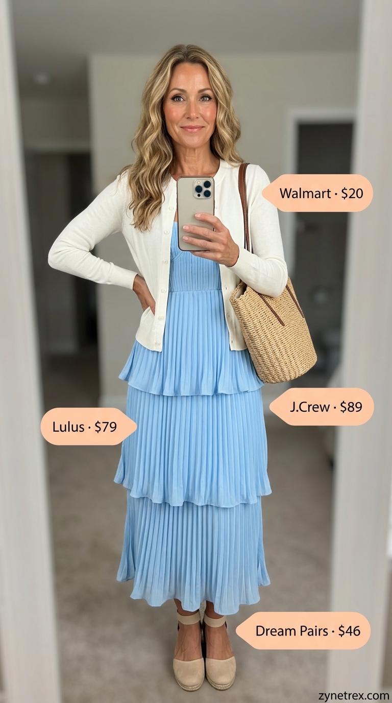 Casual summer outfit for women over 50 2026: Sky blue sundress, white cardigan, straw tote for beach day.