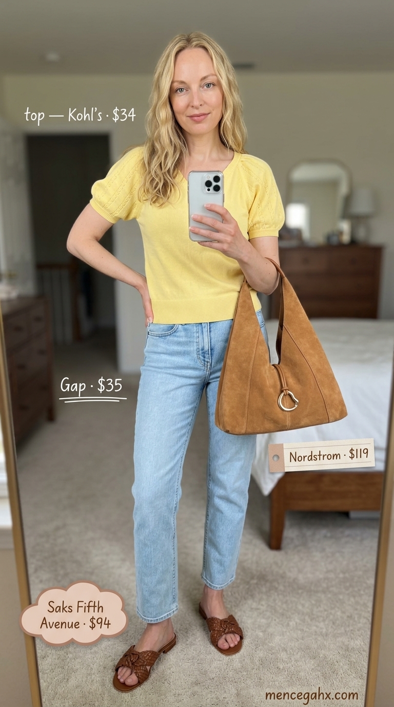 Casual summer outfit for women over 50 2026: Yellow sweater, denim jeans, brown sandals for coffee date.