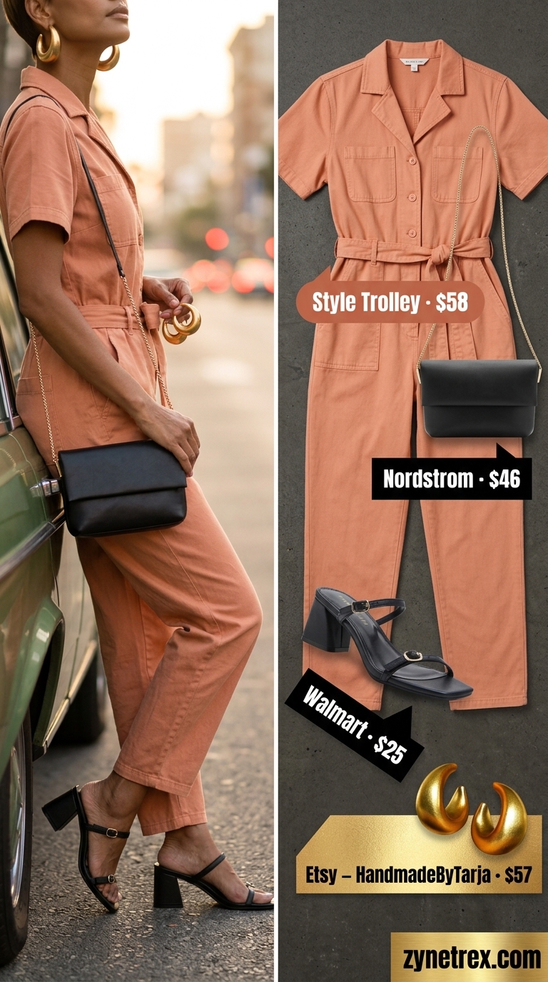 Casual summer outfit for women over 50 2026: Terracotta jumpsuit, black sandals, gold earrings for dinner.