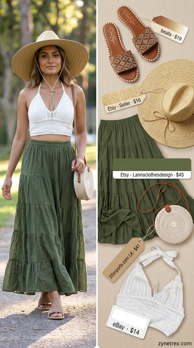 Chain strap summer halter top outfits 2026: Cream crochet halter top with tiered maxi skirt for a boho beach look.