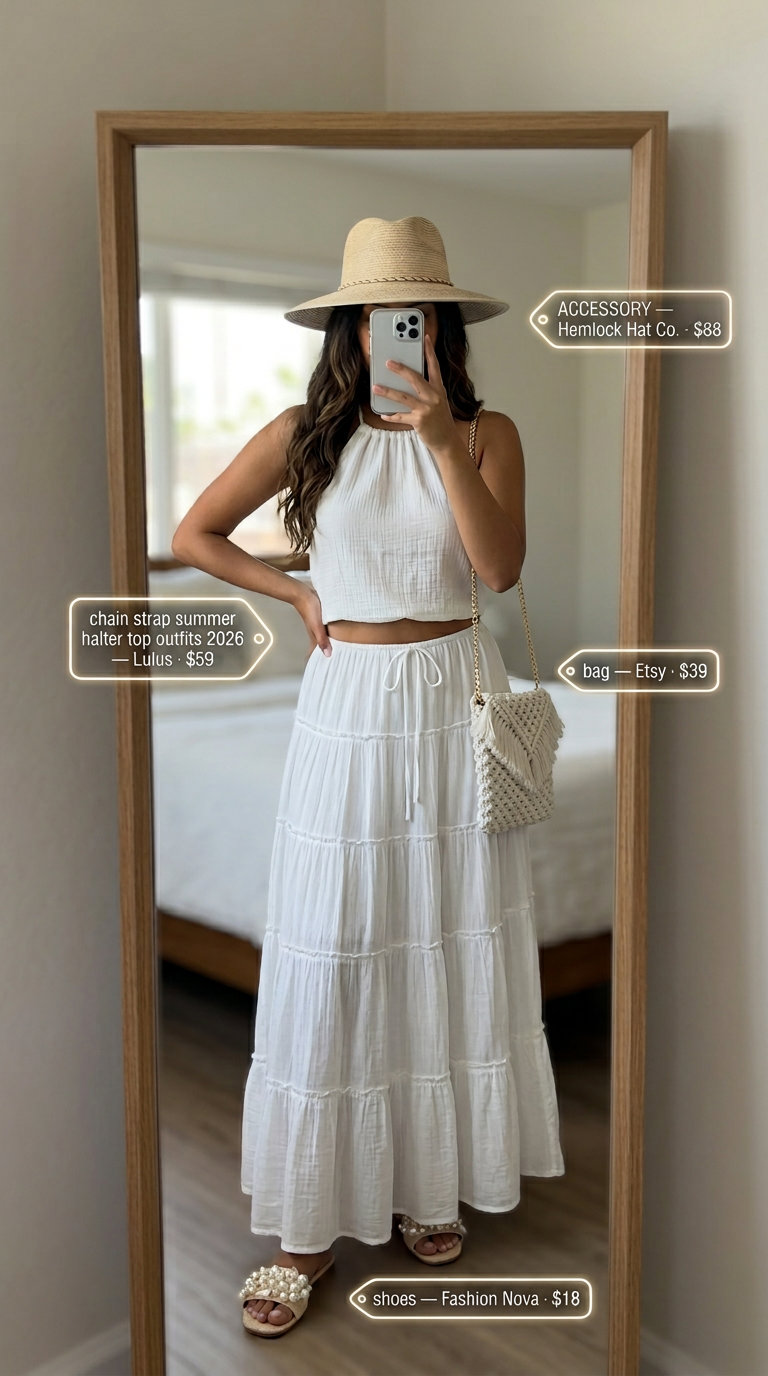 Floral chain strap halter top, white maxi skirt, straw hat, and embellished sandals for boho beach outfits 2026.