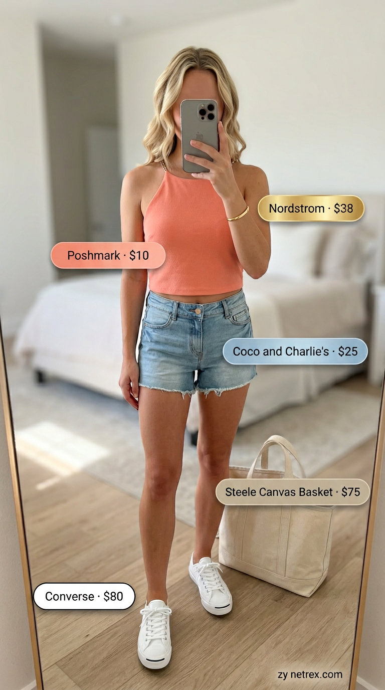 Coral halter top with denim shorts, white sneakers, and canvas tote. Chain strap summer halter top outfits 2026 for casual days.