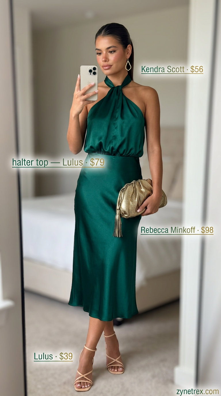 Emerald green halter midi dress with chain strap, gold clutch, and strappy sandals. Chain strap summer halter top outfits 2026 for weddings.