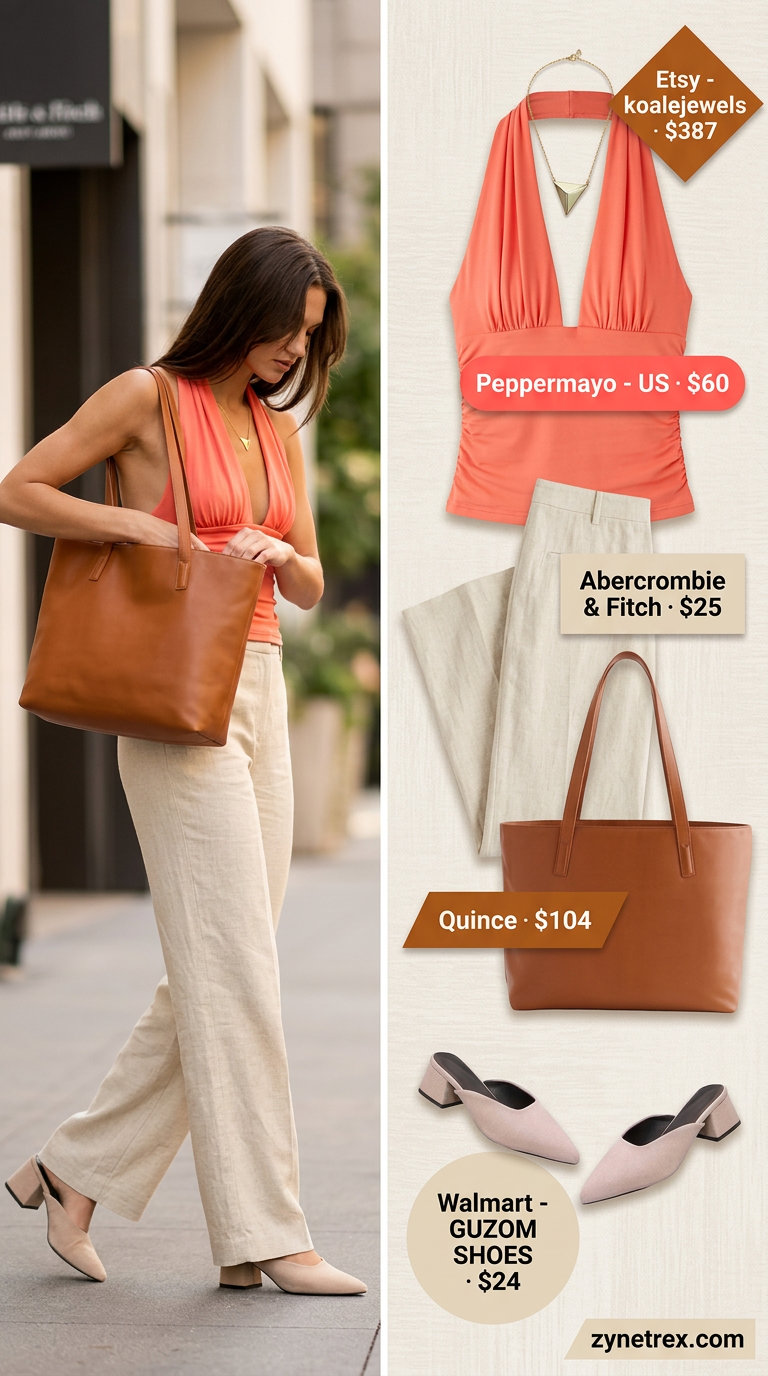 Coral halter top with cream wide-leg pants and gold necklace. Chain strap summer halter top outfits 2026 for business casual.