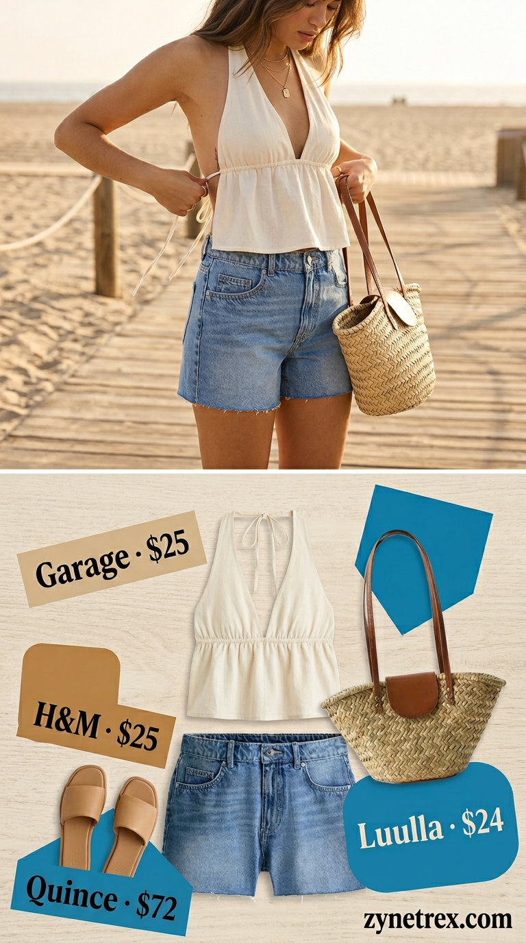 White linen halter top with denim shorts, straw tote, and leather sandals. Chain strap summer halter top outfits 2026 for coastal vibes.