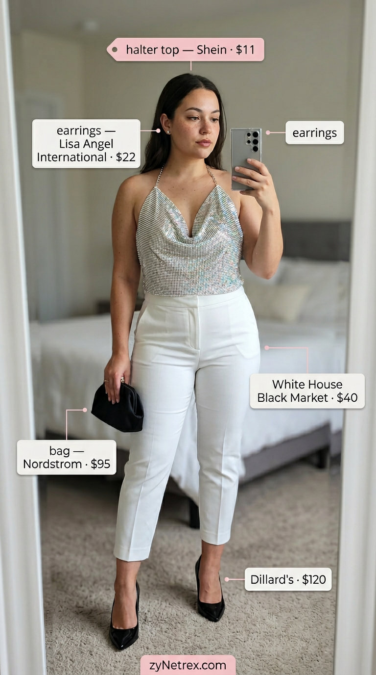 Sophisticated chain strap summer halter top outfits 2026: Silver metallic halter top with black capri pants for evening events.