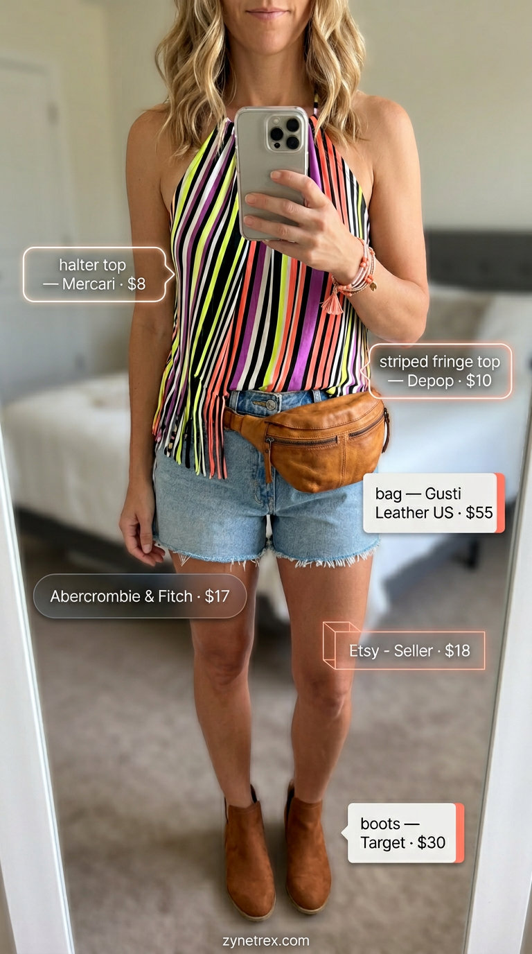 Chain strap summer halter top outfits 2026: Multi-color striped halter top with denim shorts for a festival look.