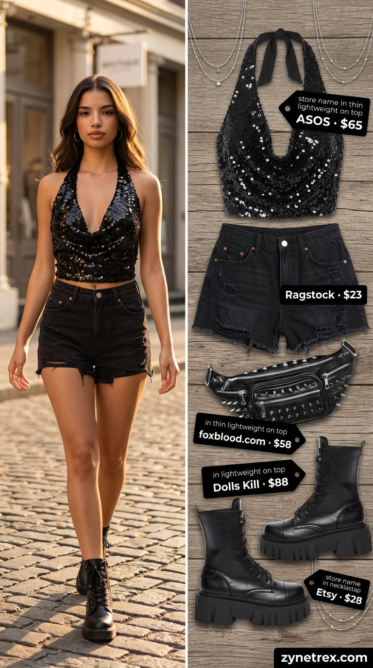 Sequin halter top with chain straps, distressed denim shorts, and combat boots. Chain strap summer halter top outfits 2026 for festivals.