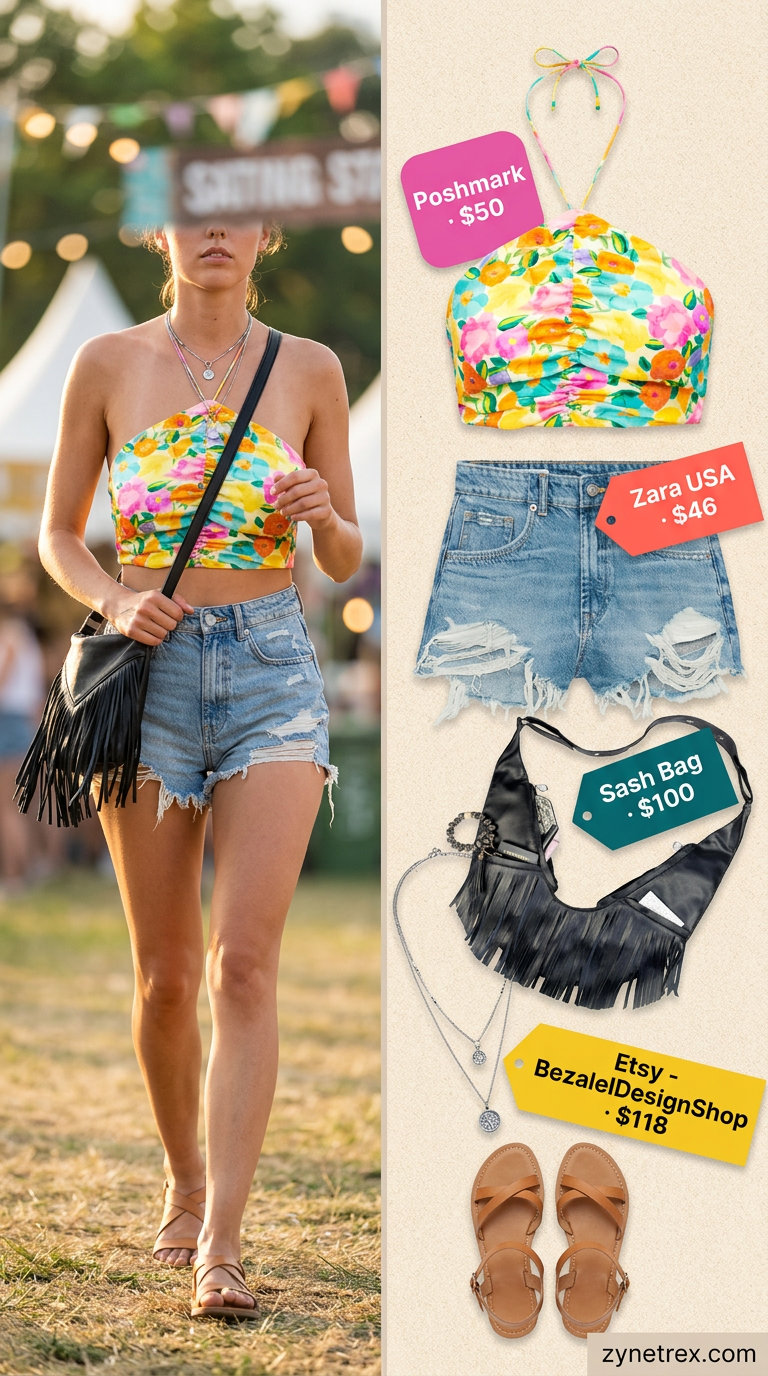 Floral halter top, denim shorts, combat boots, and fringe bag for festival outfits 2026.