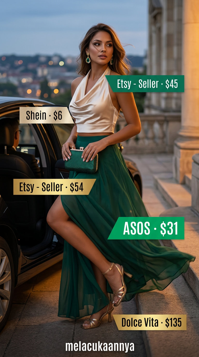 Elegant chain strap summer halter top outfits 2026: Champagne satin halter camisole with emerald green maxi skirt for formal events.