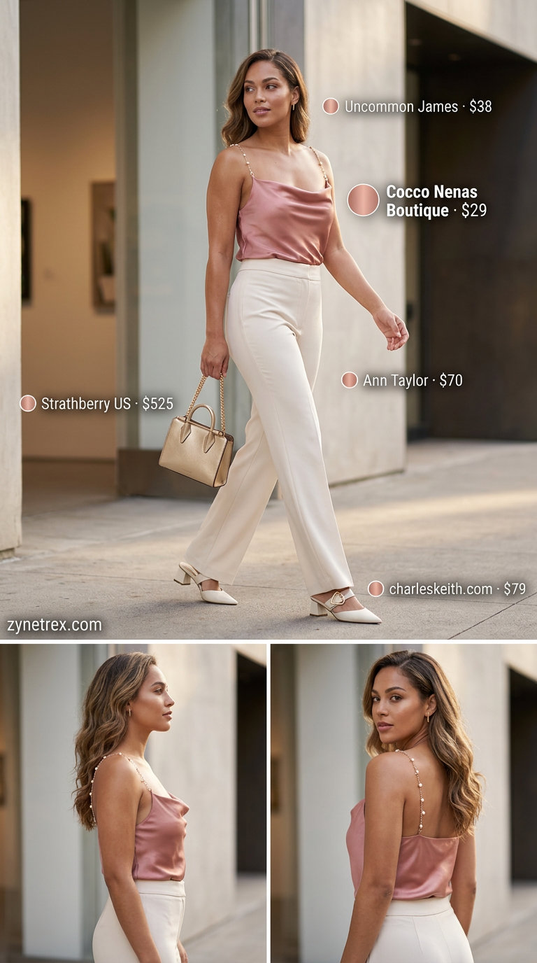Chain strap summer halter top outfits 2026: Blush pink satin halter top with cream trousers for business casual.
