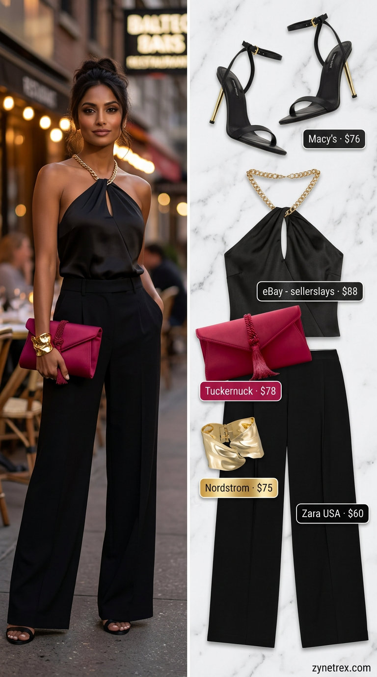Chain strap summer halter top outfits 2026: Black satin halter top with gold straps and wide-leg trousers for a night out.