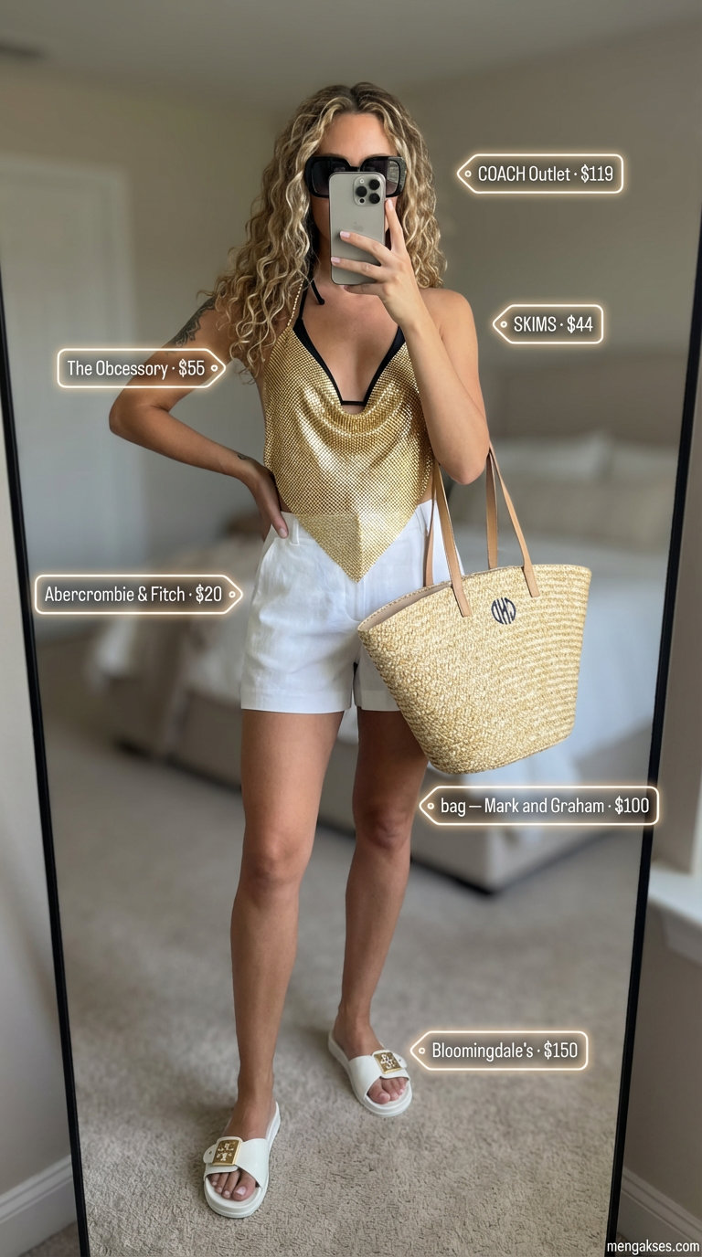 Gold chain strap halter top, linen shorts, and slide sandals for poolside outfits 2026.