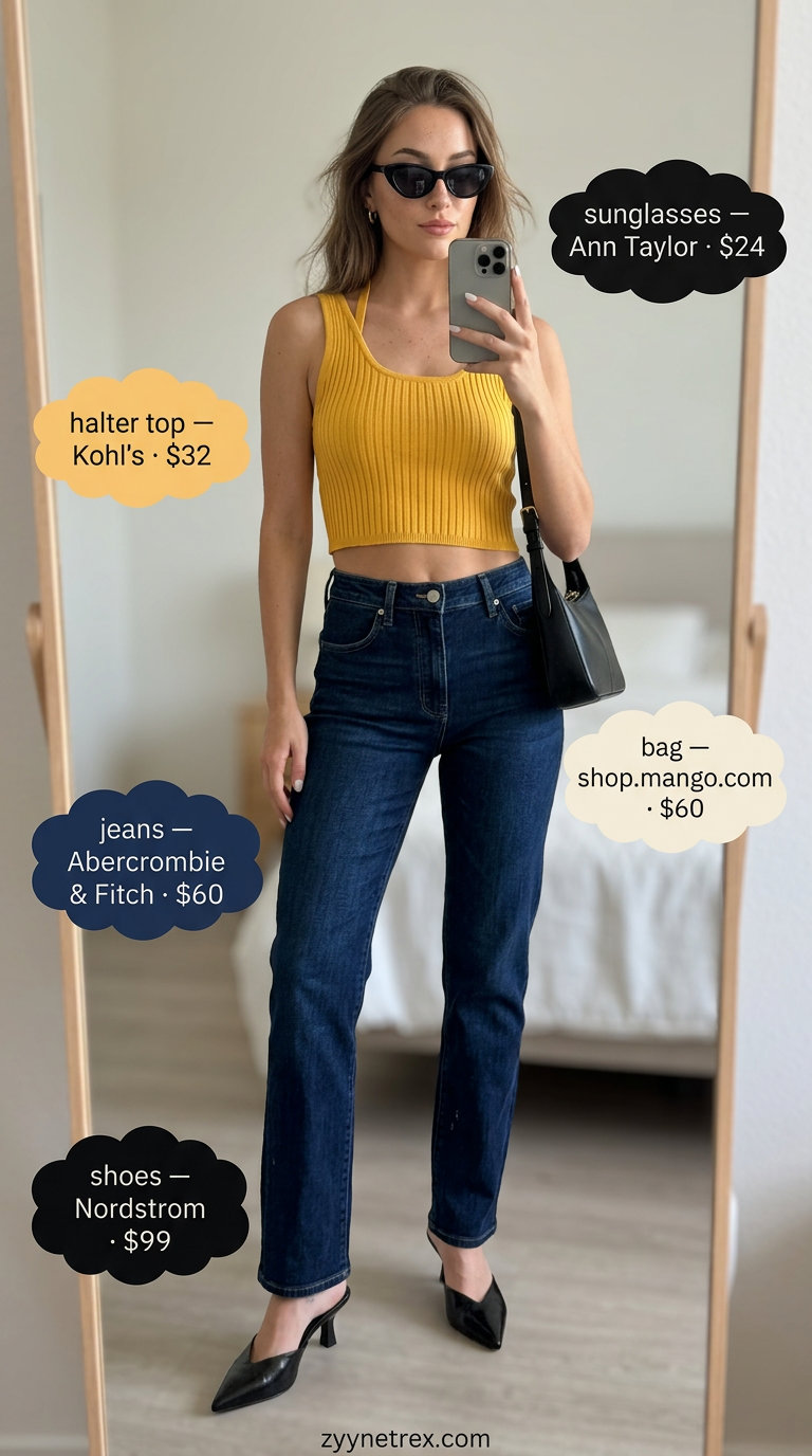 Yellow chain strap halter top with dark wash jeans and black mules. Chain strap summer halter top outfits 2026 for retro cool.