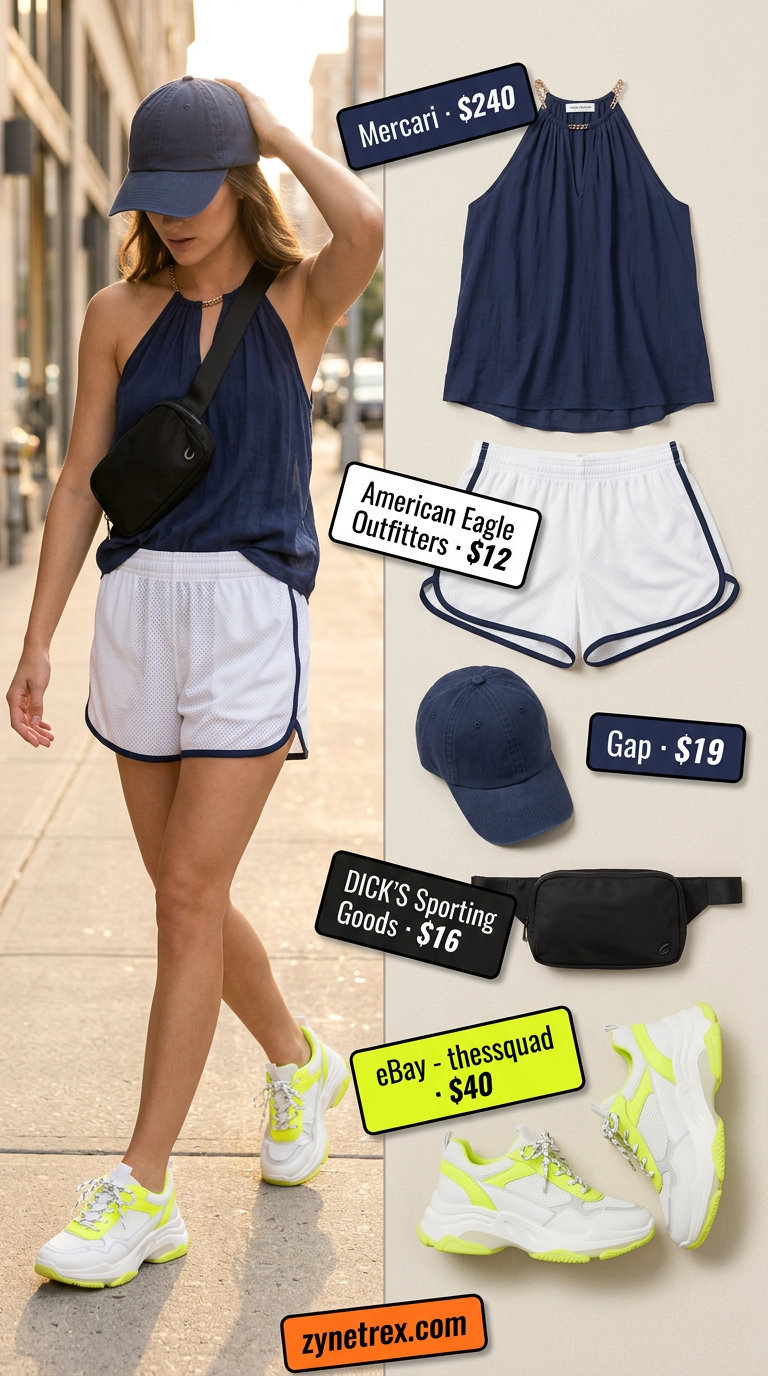 Navy halter top with white shorts, neon sneakers, and belt bag. Chain strap summer halter top outfits 2026 for athleisure.