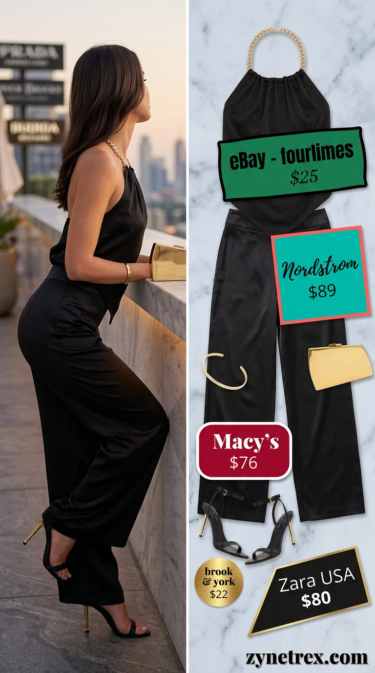 Black halter top with gold chain straps, wide-leg pants, and stiletto sandals for sophisticated evening outfits 2026.