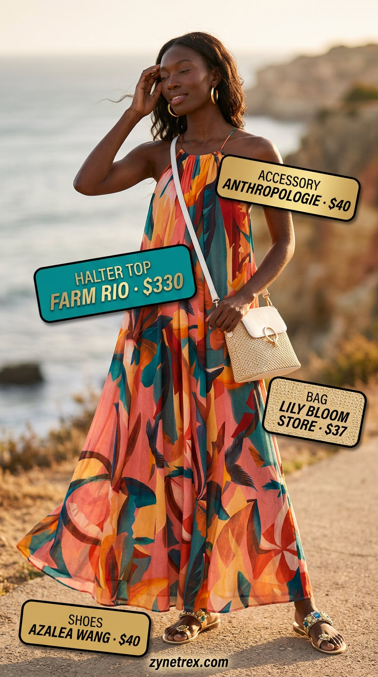 Vacation halter maxi dress with chain strap, straw bag, and gold sandals. Chain strap summer halter top outfits 2026.