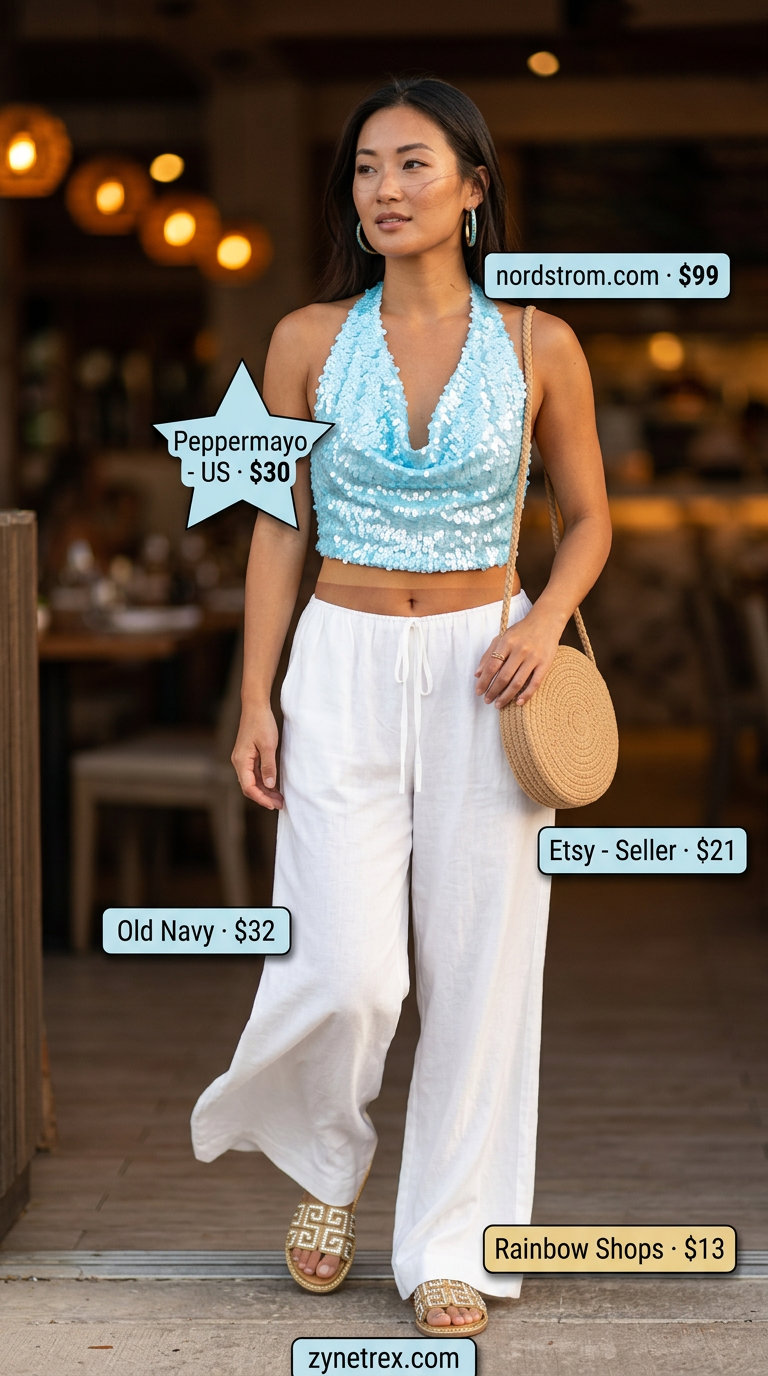 Turquoise satin halter top with gold chain strap, white palazzo pants, and gold sandals for vacation outfits 2026.