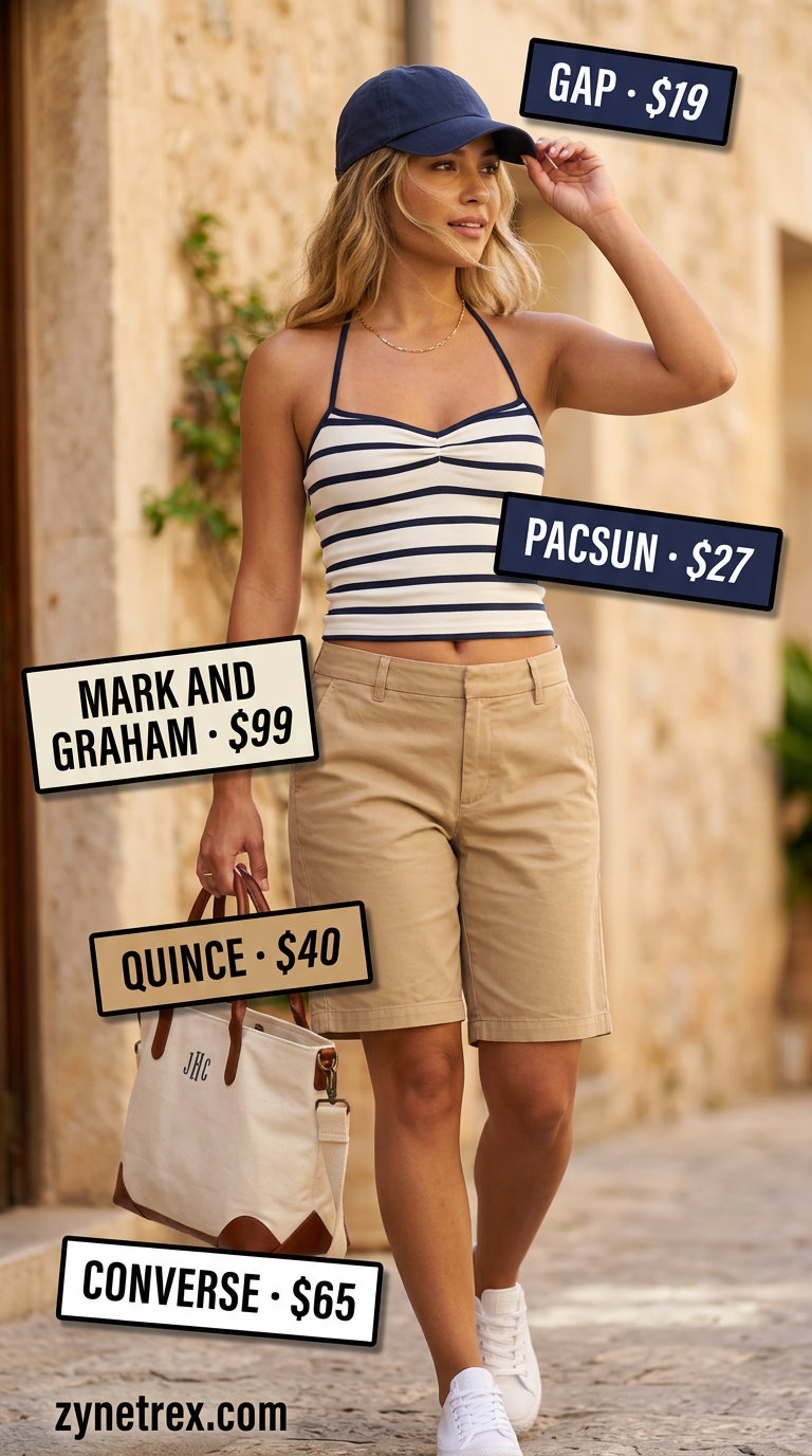 Striped halter tank, bermuda shorts, sneakers, and canvas tote for casual weekend outfits 2026.